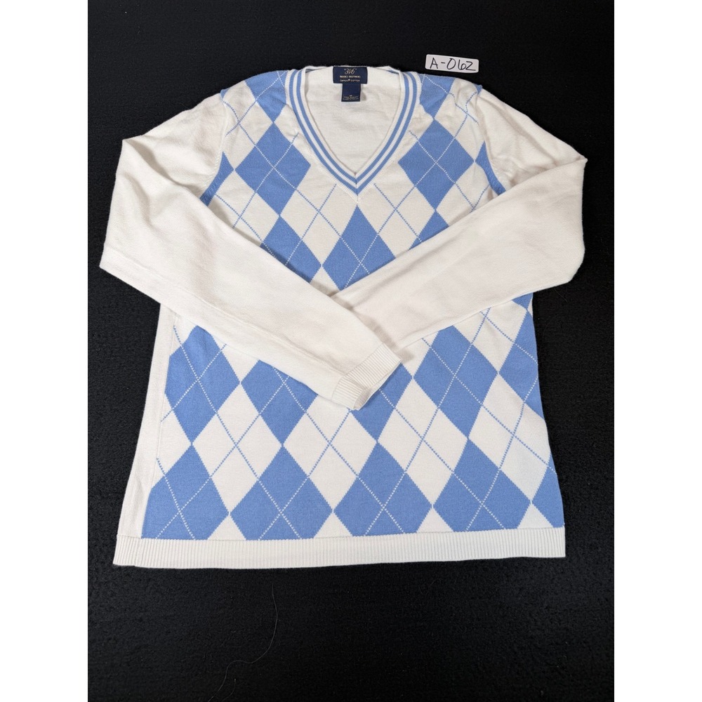 Brooks Brothers 346 Argyle V-Neck Sweater Blue White Supima Cotton Womens Medium